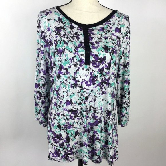 Laura Ashley Knit Top Women Large Stretch 1/4 snap 3/4 Sleeve Multi-color - Picture 1 of 8